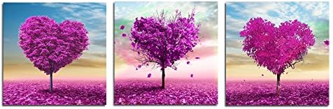 Eden Art 16x16 Inch 3 Panels Sweet Red Purple Heart Trees Prints on Canvas Walls Paintings, HD Modern Giclee Wall Artwork for Bedroom Family Room, Stretched and Wood Framed, Best Gift for Wedding