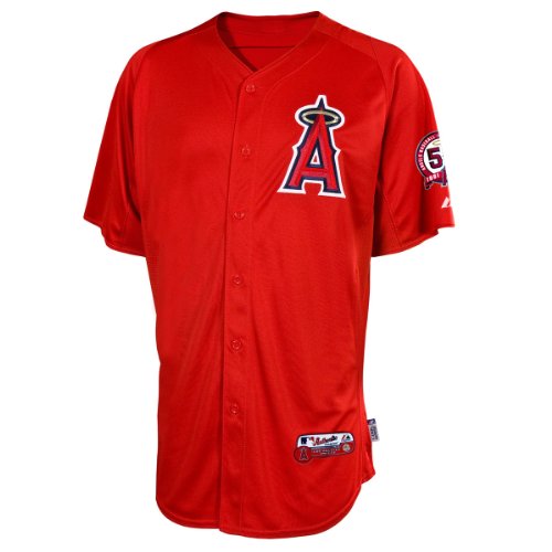 MLB Men's Los Angeles Angels Short Sleeve Authentic Button Front Cool Base Batting Practice Jersey (Scarlet/Scarlet, Large)