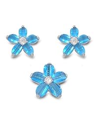 17MM BLUE PLUMERIA FLOWER TOPAZ with CLEAR CZ Italian Sterling Silver Earring Pendant Combo Set