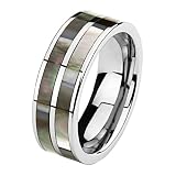 8mm Striped Flat with Two Rows Mother of Pearl Inlay Cobalt Free Tungsten Carbide COMFORT-FIT Wedding Band Ring (Size 7 to 14)