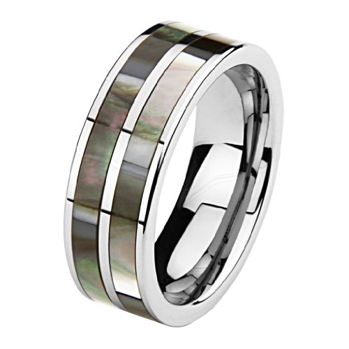 8mm Striped Flat with Two Rows Mother of Pearl Inlay Cobalt Free Tungsten Carbide COMFORT-FIT Wedding Band Ring (Size 7 to 14)
