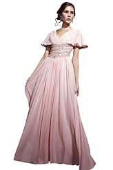 A-line V-neck Chiffon Beaded Cocktail Floor Length Homecoming Dress/Pageant Dress/Prom Dress/Party Dress/Wedding Dress 