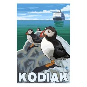 Kodiak, Alaska - Puffins and Alaskan Cruise Ship Giclee Poster Print