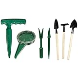 Amgate ミニ庭園栽培用の手工具セット(種まき機、ピストル形穴掘り器、移植機、ウィドガーセット + スペード、レーキ、ショベルセット )