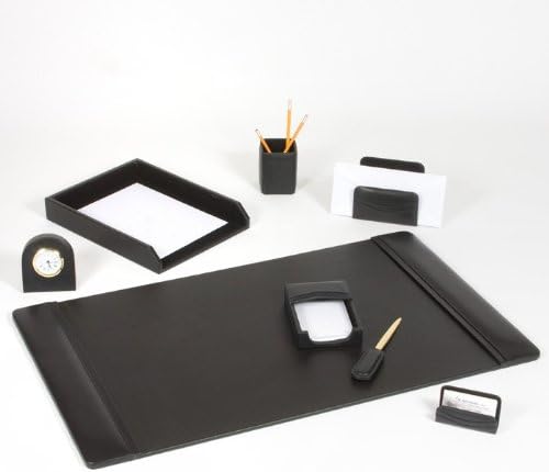 Leather Desk Set (8 Piece) (Black Leather with Gold Accents)