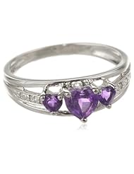 Three Heart Shape .018 Diamonds CTTW in Silver Amethyst Ring, Size 6