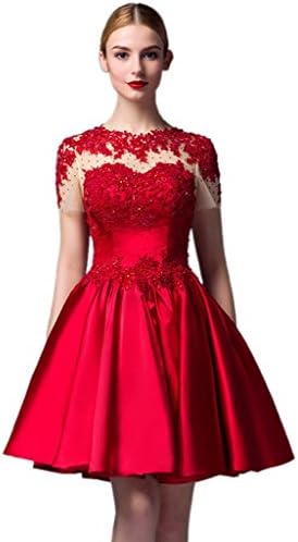 Yudear Women's Jewel A-Line Mini Short Sleeves Satin Brides Prom Gowns US 18 Red