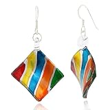 Sterling Silver Multi-Colored Hand Blown Venetian Murano Glass Earrings Diamond Shaped Fashion Fashion Jewelry for Women, Teens, Girls