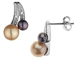Chocolate and Black Freshwater Pearl Earrings with Diamonds in 14K White Gold