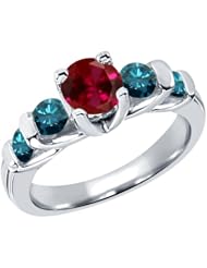 1.88 Ct Round Red Created Ruby Blue Diamond 14K White Gold Ring