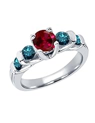 1.88 Ct Round Red Created Ruby Blue Diamond 18K White Gold Ring