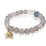 Gray Agate Stretch Bracelet with Turtle Charm & Blue Rhinestone Bead Accent