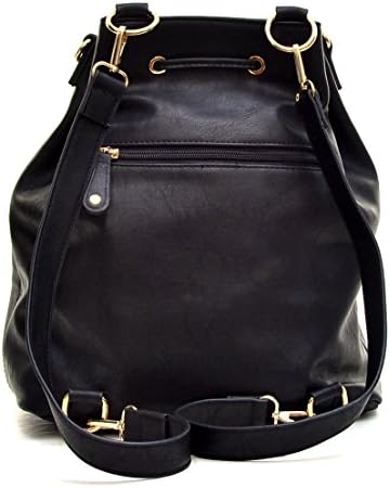 Dasein Fashion Leather Convertible Drawstring Bucket Bag and Backpack - Black