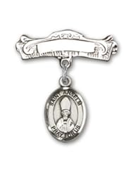Sterling Silver Baby Badge with St. Anselm of Canterbury Charm and Arched Polished Badge Pin