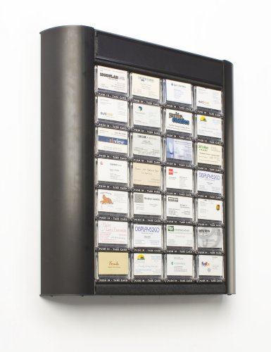 Image of 28-Pocket Wall Mount Business Card Holder Rack, Separate Channel for Header - Black Aluminum Fixture with Polycarbonate Dispensers