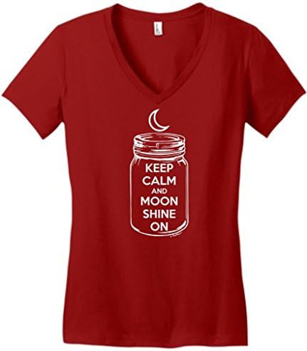 Keep Calm and Moon Shine On Juniors V-Neck Medium Classic Red