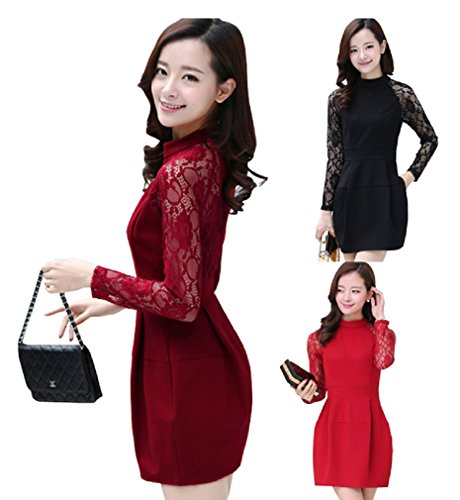 【ARINCO】 袖 レース ハイネック ワンピース ドレス レディース S M L XL XXL レッド ワインレッド ブラック 全３色 大きい サイズ 長袖 春
