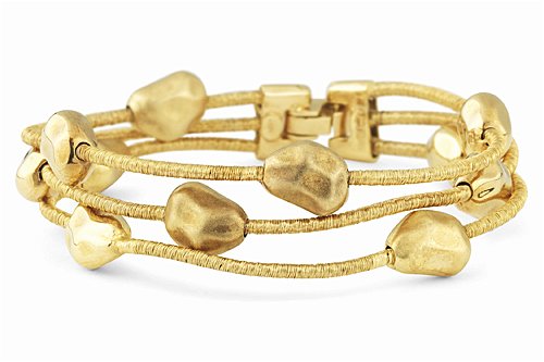 14K Yellow Gold Matte-Finish Hand-Woven Multi-Strand Mesh Bracelet, Set with Polished and Matte-Finished Gold Nuggets.