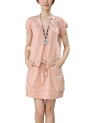 Cotton/Linen Short Sleeves Round Neck Above the Knee  Dress With a Sash 
