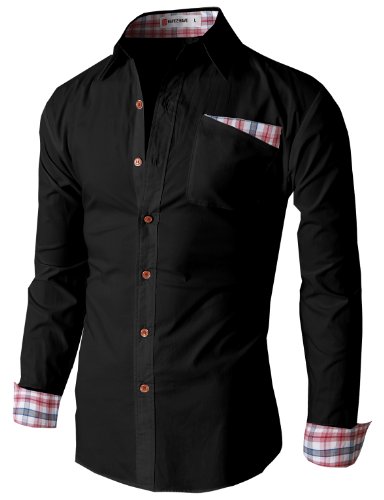 H2H Mens Button-down Shirts with Plaid Patterned Pocket Trim