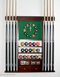 8 Cue Stick and Pool Ball Wall Rack With Clock Mahogany Finish