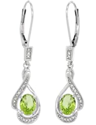 14k White Gold 3/4 in. (19mm) tall Lever Back Dangle Earrings, w/ 0.13 Carat Brilliant Cut Diamonds & 2.40 Carats Oval Cut 7x5mm Peridot Stones
