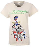 Ed Hardy Womens Rhinestone T-Shirt Skull and Dagger Tattoo Cream