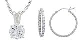 Platinum Plated Sterling Silver Clear Round Cubic Zirconia Pendant with Hoop Earrings Set