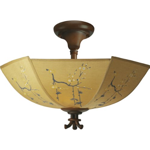 Progress Lighting P2877-112 Two-Light Close-To-Ceiling with Exotic Silk Shade Featuring Masterfully Hand-Painted Cherry Blossom Motifs, Burnished Rattan