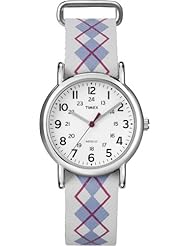 Timex Womens T2N918 Weekender Mid-Size Slip-Thru Argyle Patterned Leather Strap Watch