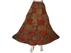 Christmas Sale Fashion Skirts Brown Cotton Designer Patchwork Long Skirt 40"