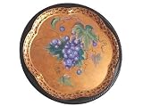 ArtisanStreet's Grape Hand Painted Tray. Purple Grapes Outlined with Metallic Gold Paint. Bronze Leaves. Recycled Metal. Sits on Small Round Feet. Trimmed in Black & Gold Leopard Design. One of a Kind. Signed by Artisan