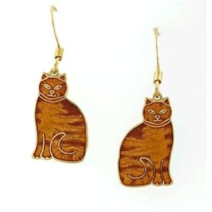 Gold plated and vitreous hand enameled ginger cat french wire earrings