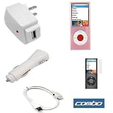 USB Data Cable + USB Car Charger + USB Home Travel Charger + Clear Rubber Silicone Skin Case + Clear Reusable LCD Screen Protector for Apple Ipod Nano Chromatic 8GB 16GB 4G 4th Generation