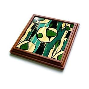 Barkcloth Print Green Black Cream - 8x8 Trivet With 6x6 Ceramic Tile by 