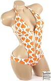 Sexy Trendy Cute Summer White Orange Pear Print Low Cut One-Piece Bathing Suit Swimsuit Swimwear