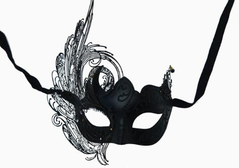 Laser Cut Venetian Royal Swan Princess w/Wind Swirls Design Masquerade Mask - Intricately Decorated and Detailed - Black