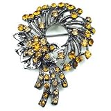 Yellow Austrian Rhinestone Flower Wreath Design Antique Silver-Tone Brooch Pin