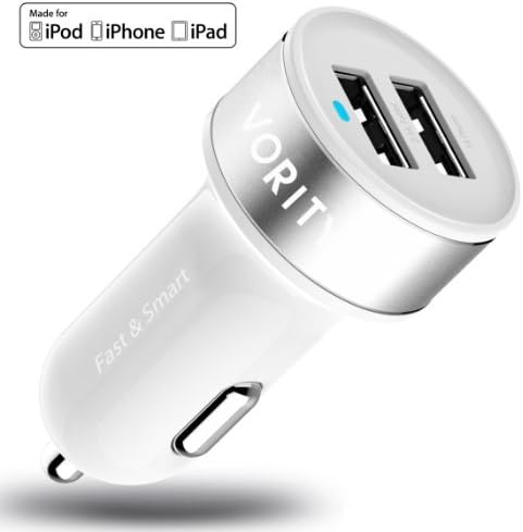Vority Dual USB Car Charger 3.1Amp 15.5W (White) 1.0+2.1A Universal Ports, Smart Power Supply For iPad Mini /4/3/2, iPhone 5S/5C/5/4S/4/3, Android / Blackberry / Windows Cell Phones & Tablets, Portable Cigarette Lighter Adaptor, Mobile Travel Charging Station 12V Input - 5V Output. Fast & Smart Duo31CC