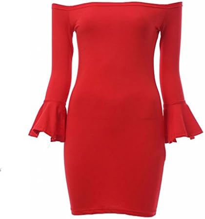 Meihuida Women's Off Shoulder Trumpet Sleeve Fitness Bandage Clubwear Dress(Red Lable S)