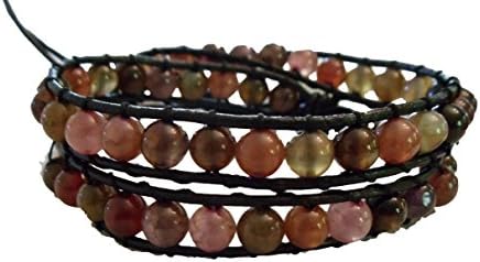 Natural Stone Earth Tone Agate Semi Precious Leather Double Wrap Bracelet