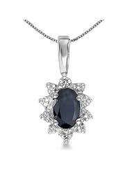 10k White Gold Oval Sapphire And Diamond Pendant with 18" Chain