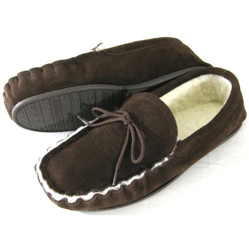 Mens Dark Brown Suede Moccasin Slippers with Wool Lining and Hard Sole. Size 11