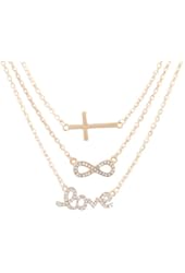 Goldtone with Clear Iced Out Cross, Infinity & Love Pendant Three Adjustable Link Chain Necklace