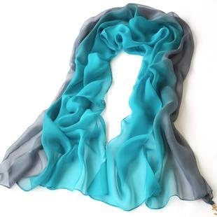 Women's 100% Silk Luxury Long Scarf Gradient Color - Silver Turquoise