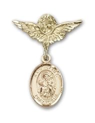 14K Gold Baby Badge with St. James the Greater Charm and Angel with Wings Badge Pin