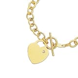 14K Yellow Gold Bracelet With Diamond Accented Heart Charm - 7.50 inches