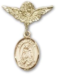 Gold Filled Baby Badge with St. Daniel Charm and Angel with Wings Badge Pin