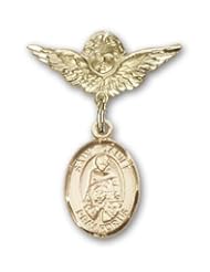 14K Gold Baby Badge with St. Daniel Charm and Angel with Wings Badge Pin