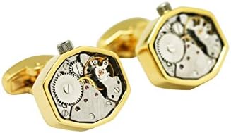 Watch Working Movement Hexagon Steampunk Gold Cufflinks Wedding Men Fashion Gift Box